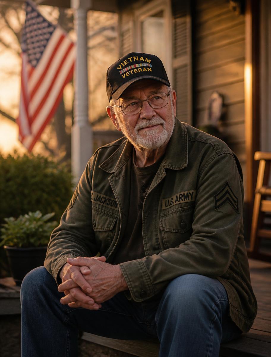 Veteran sitting peacefully on a welcoming home porch at sunset