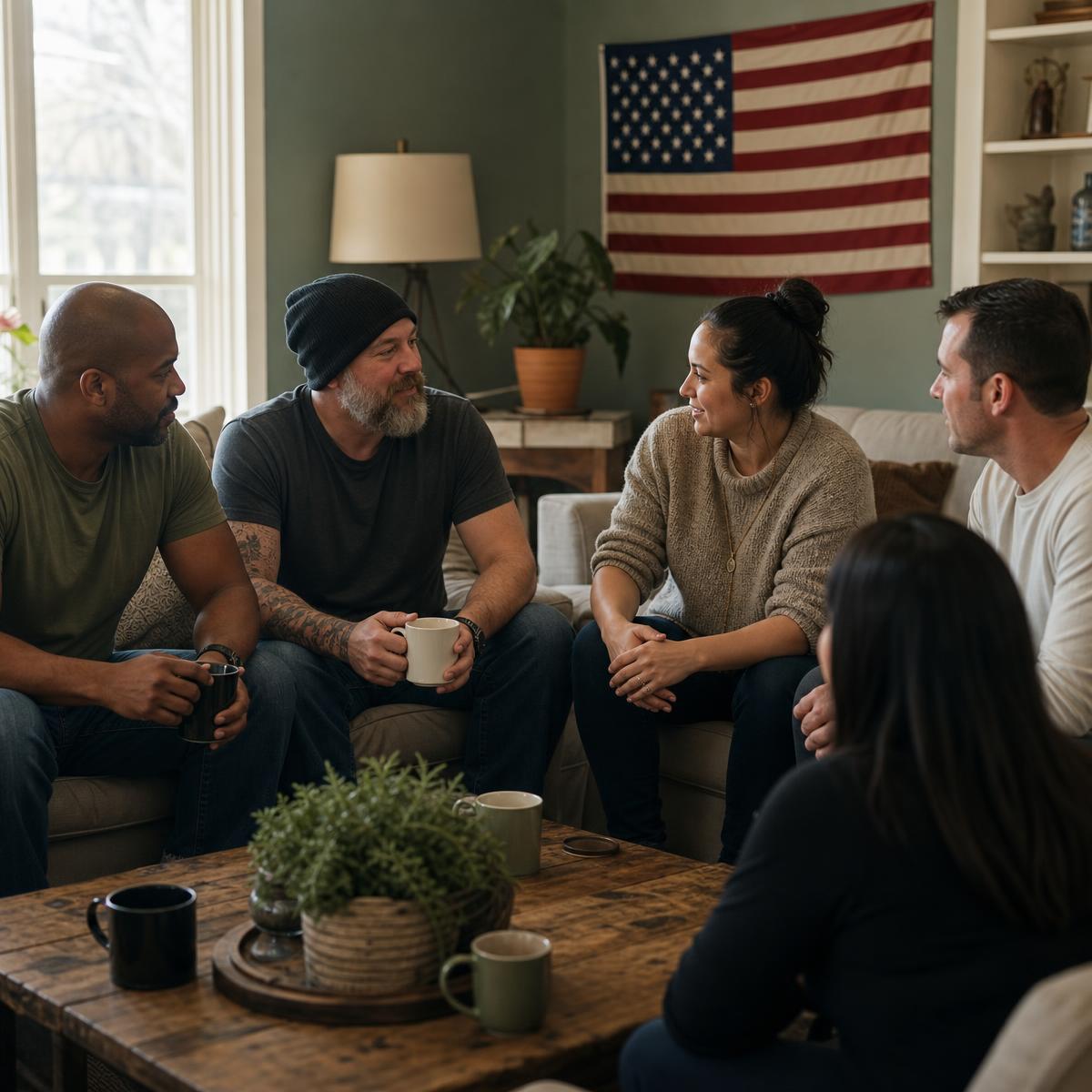 Veterans and support staff gathered in a welcoming sober living home